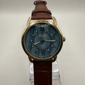 Vivani Watch Women 34mm Blue Dial Gold Bezel Brown Band (New Battery) Beautiful